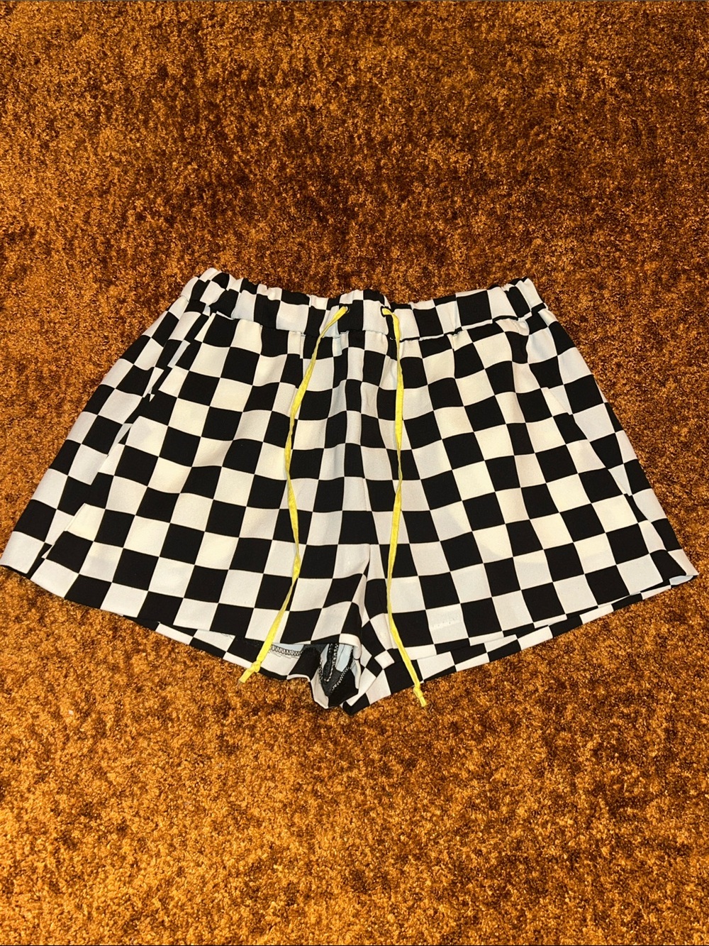 Zara Black and White Checkered Athletic Shorts with Yellow Drawstring